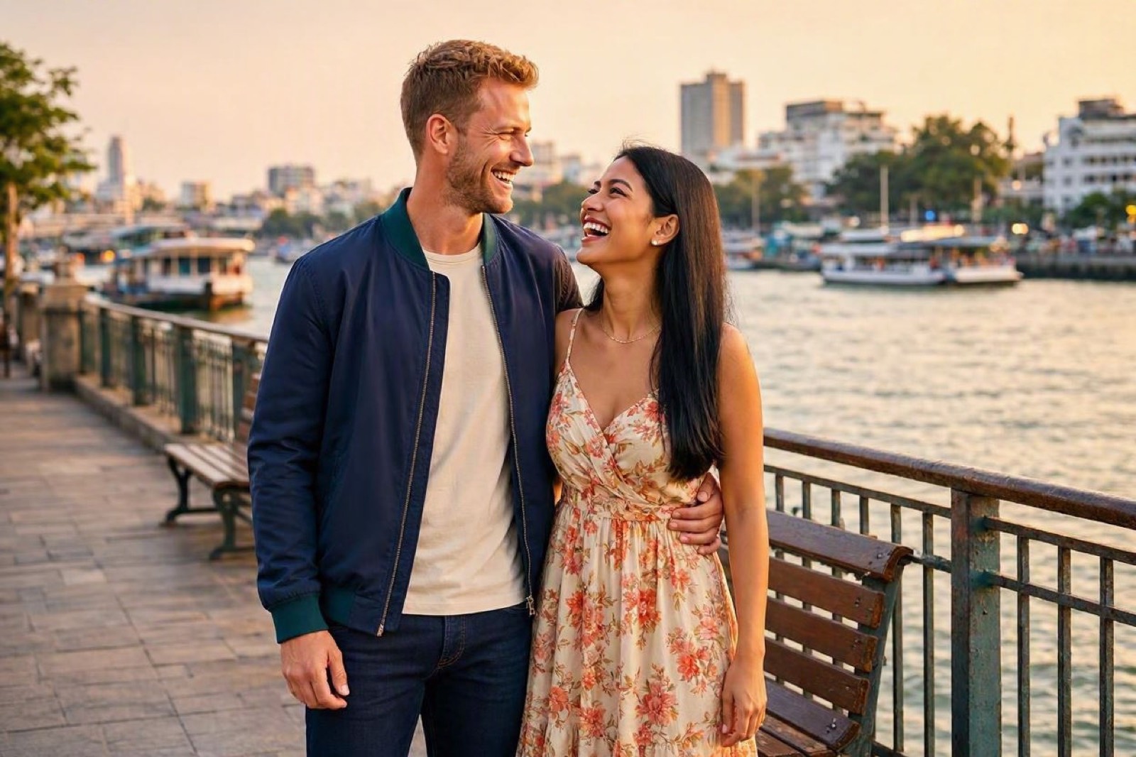 Thai woman and Western man laughing together by a riverside walkway